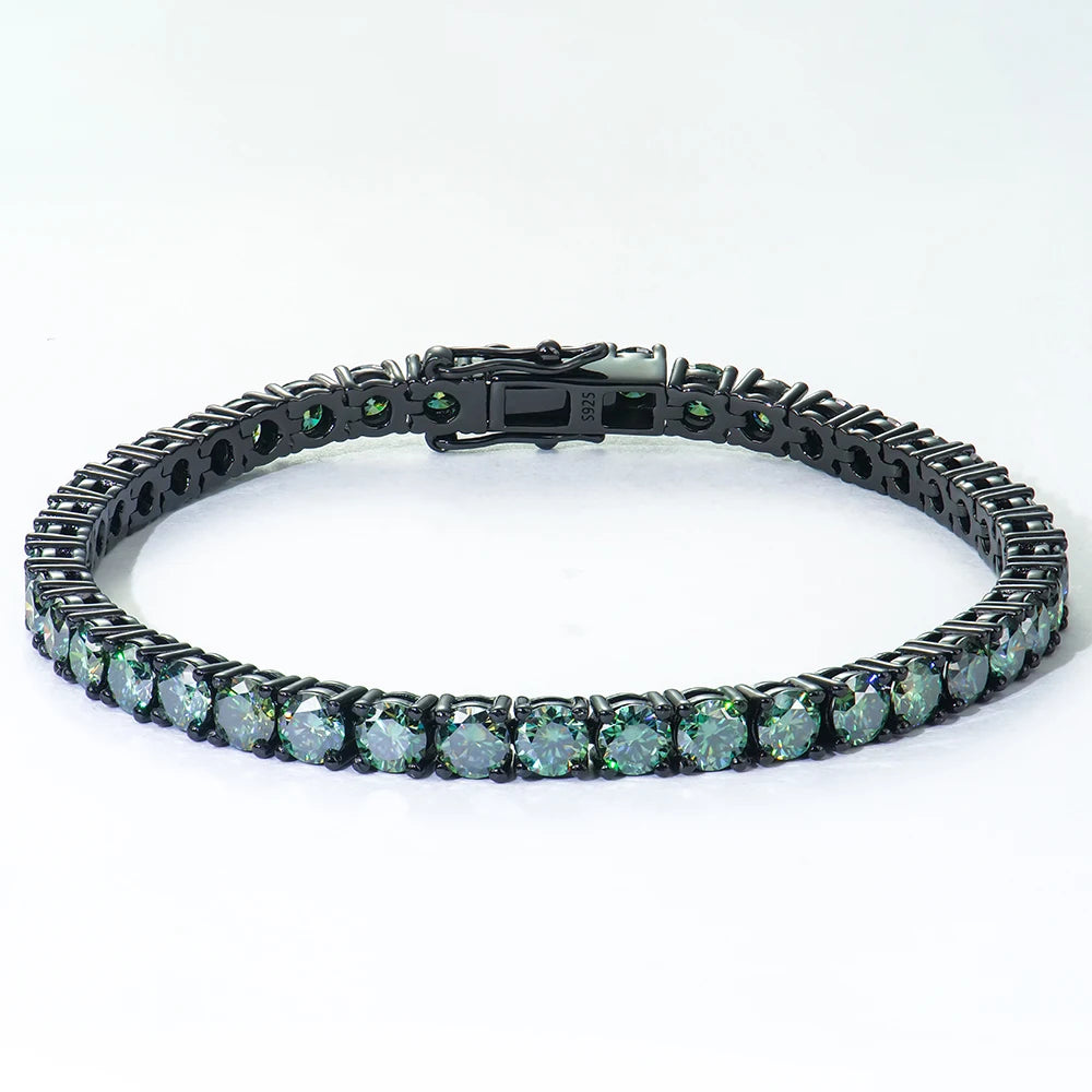 ArtistA Top Quality Amazing Round Brilliant Green Moissanite Tennis Bracelet 4mm/7in 925 Sterling Silver Black Gold Color for Man Women