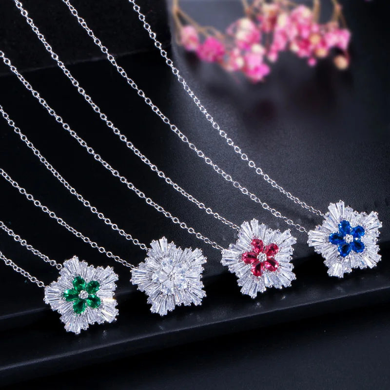 S&S CZ Snow Flower Pendant Necklace & Stud Earrings Set – White Gold – 4 Colours – Collection
