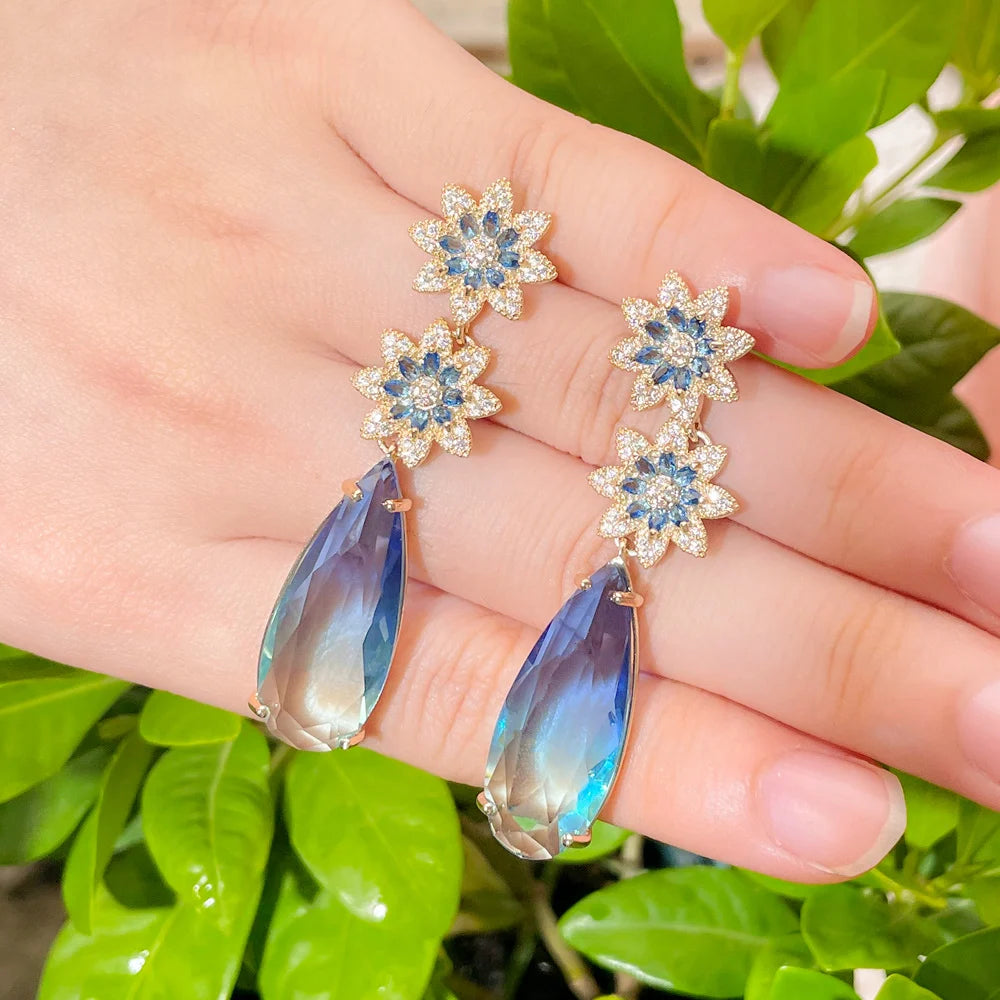 Beautiful Dangly Flower Blue Cubic Zirconia Crystal Long Big Water Drop Earrings for Women Wedding Bridal Gift Jewelry