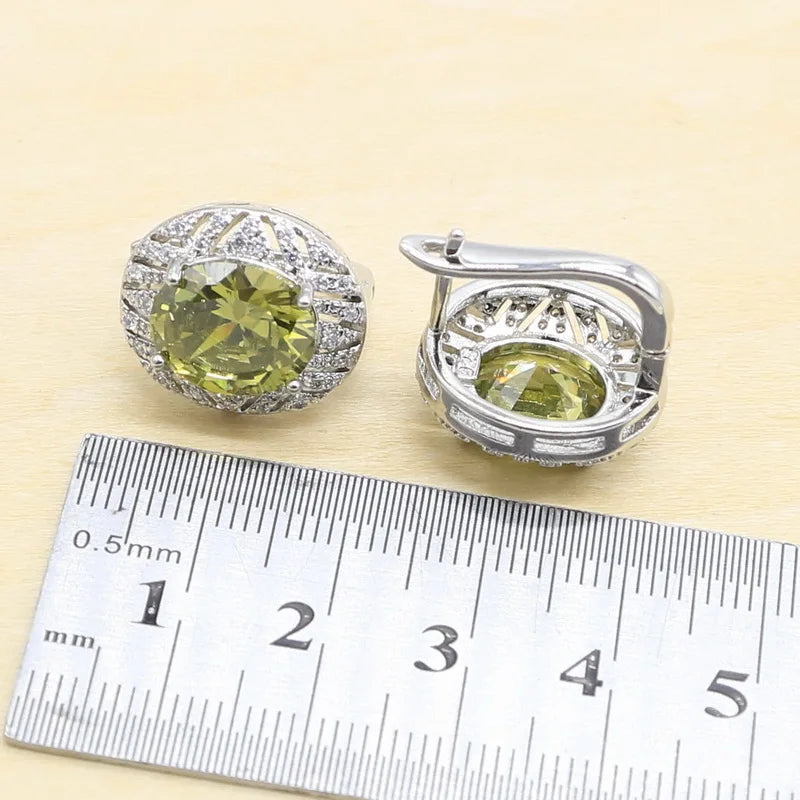XOTICA Silver Jewelry Set for Women Olive Peridot White Zircon Includes Bracelet Earrings Necklace Ring-for Parties Weddings