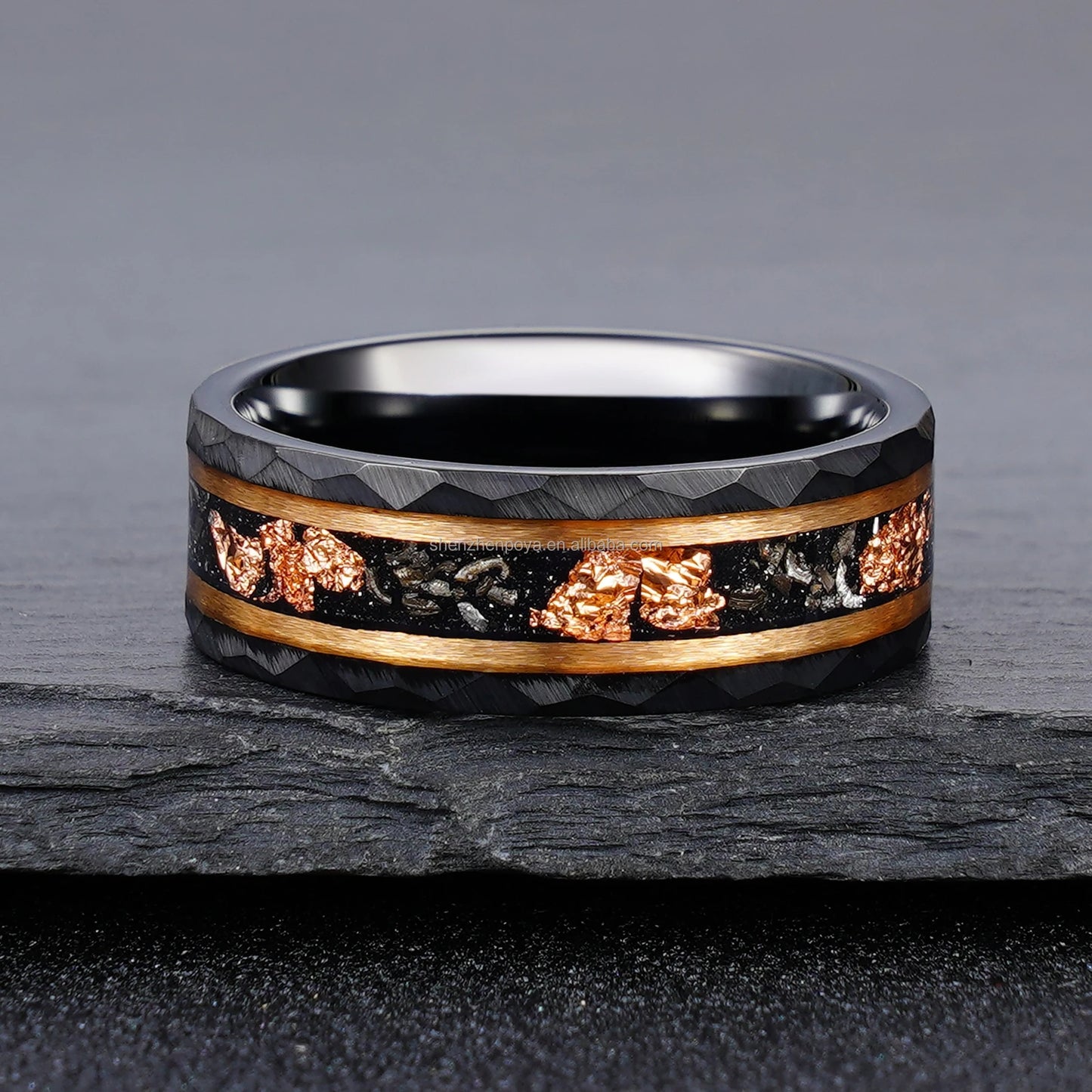 POYA Meteorite Gold Leaf Wedding Band 8mm Hammered Mens Black Unique Tungsten Engagement Rings