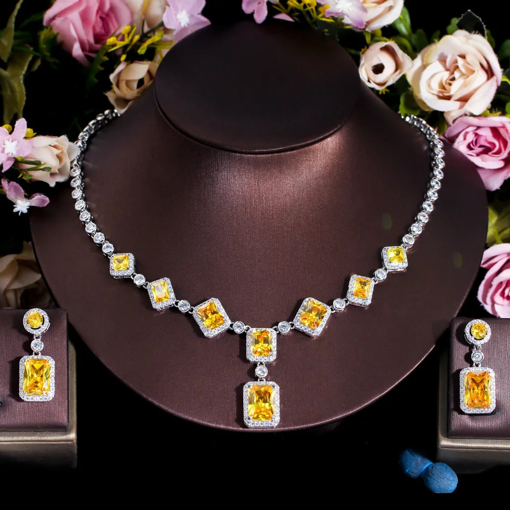 Bulk Luxury Purple Cubic Zircon Halo Setting Jewelry Set Copper Alloy Necklace and Drop Earrings for Women Wedding Party Gifts