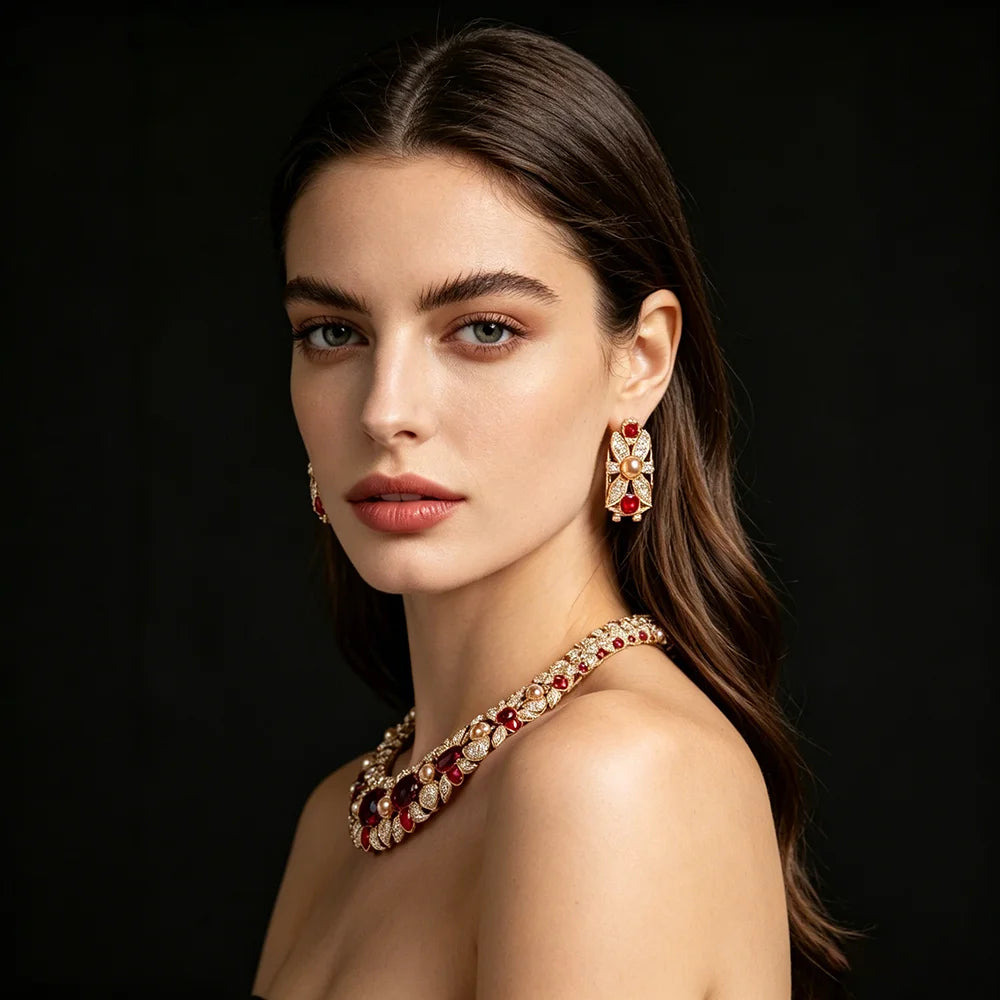 XM S301 Oval Cut Zircon & Pearl Statement Necklace & Earrings Set