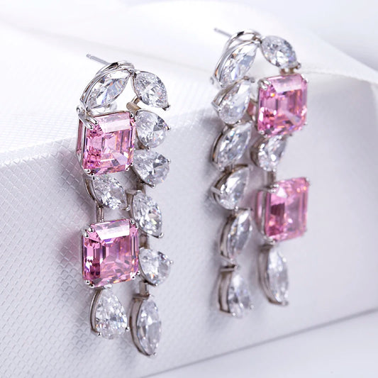 Messi Jewelry MSE-602 Silver Fancy Pink Asscher  Pear  Marquise High Carbon Diamond Cubic Zirconia Fancy Earings