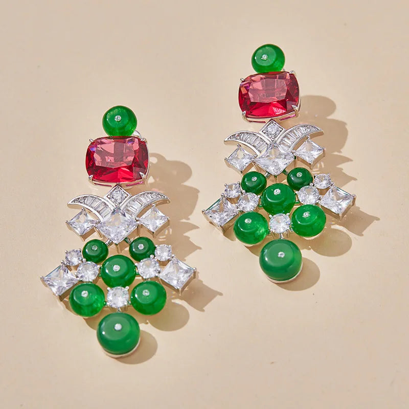 Luxury Red Ruby & Green Zirconia Tassel Pendant Long Necklace & Earrings Vintage Middle Eastern Bridal Set — Rhodium Plated