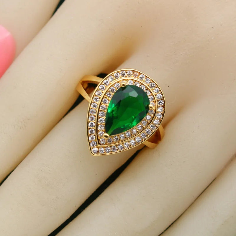 REDheart Custom 18K Gold and Silver Water Drop Green Crystal Ring Classic Style Women's Alloy Jewelry for Wedding Parties