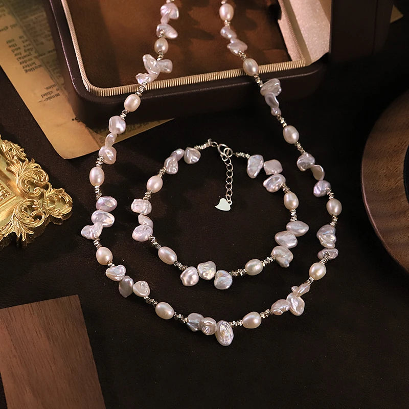GLSEEVO Natural Freshwater Baroque Pearl Jewelry Set Irregular Pearl Necklace Bracelet  Gift for Date Bridal Fashion Jewelry