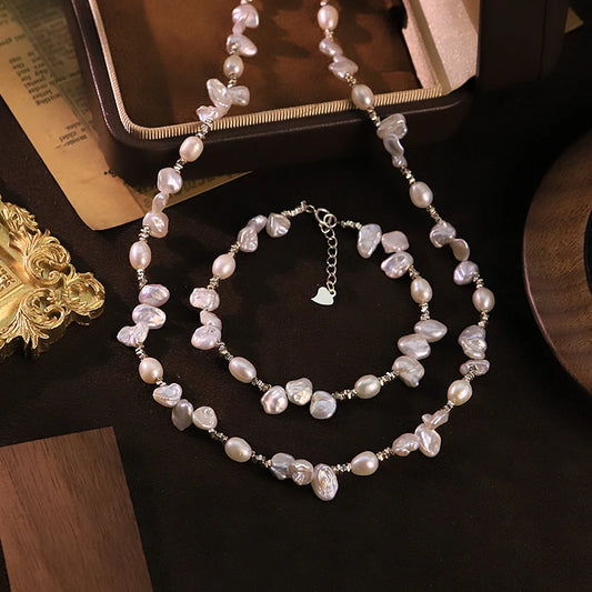 GLSEEVO Natural Freshwater Baroque Pearl Jewelry Set Irregular Pearl Necklace Bracelet  Gift for Date Bridal Fashion Jewelry
