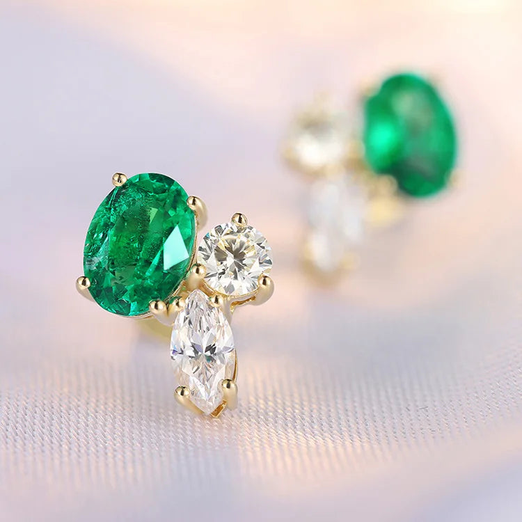 Gemfiori Anster Luxury Jewelry 14k Gold White 1.1 Ct Lab Grown Cvd Vvs Diamond Lab Emerald Stud Earrings for Gift