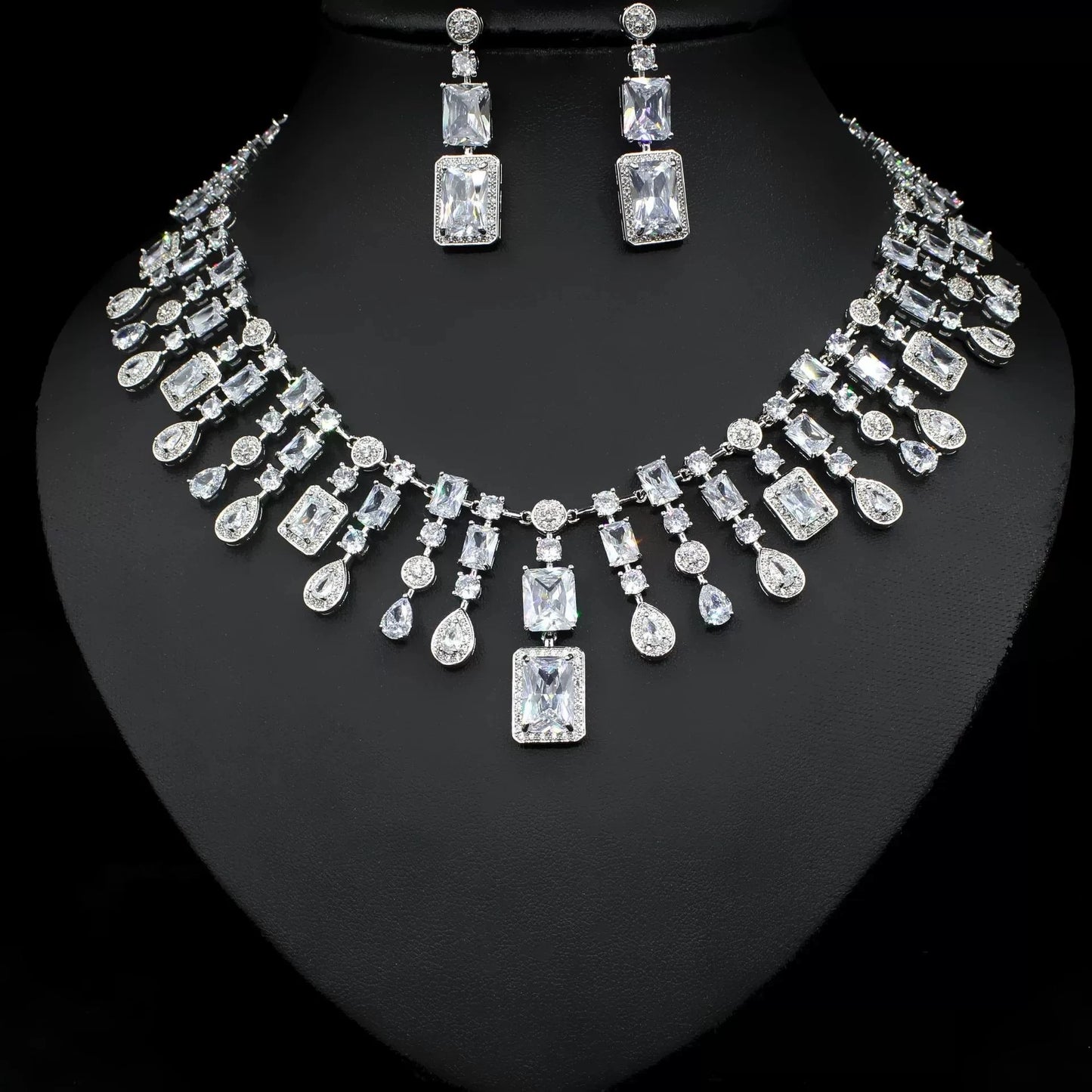 Luxury Cushion-Cut Zirconia Flower Statement Necklace & Drop Earrings Set — Silver Plated