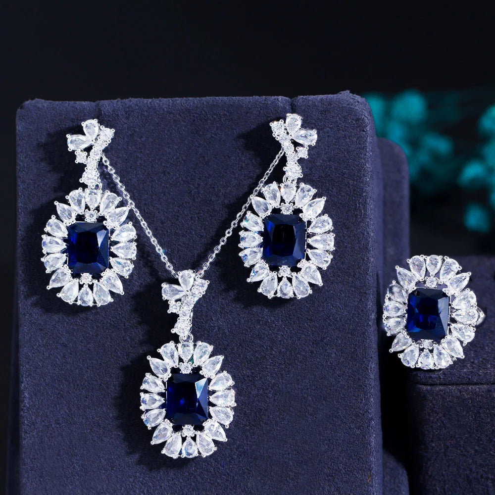 S&S Oval CZ 3-Piece Jewellery Set – Necklace, Earrings & Ring – 7 Colours – Collection