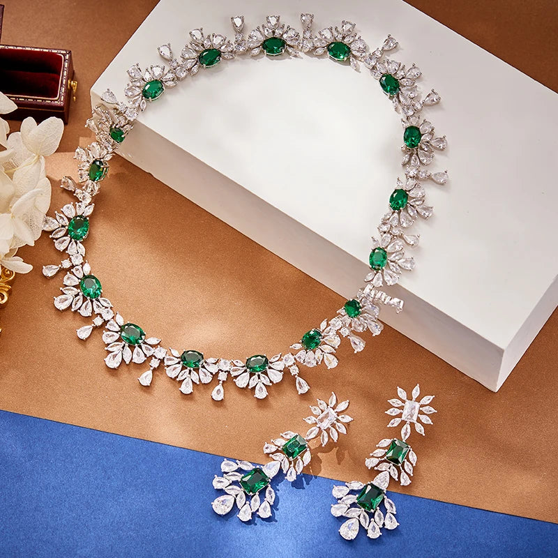 Wholesale Green Plated Brass Women's Evening Accessories Set Fashion Wedding Necklace Earrings Direct Sales Factory