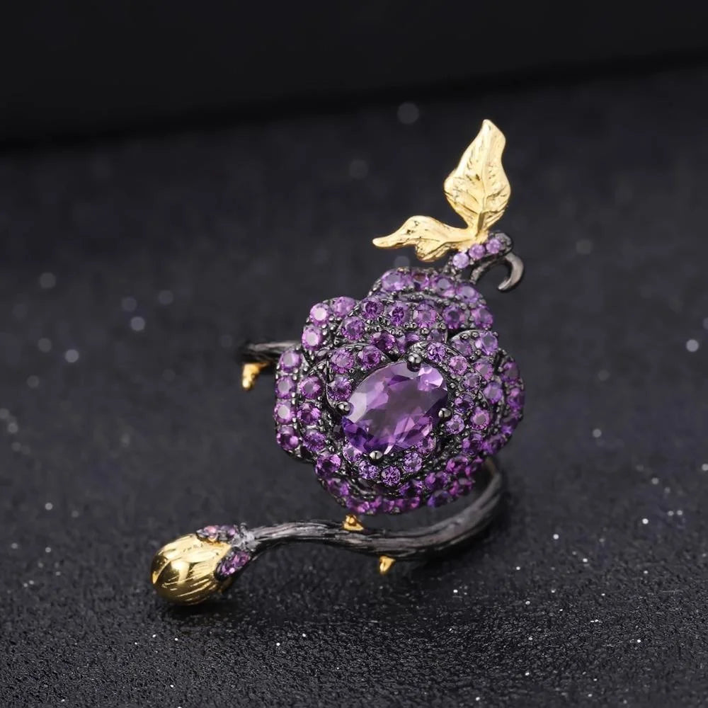 Abiding 925 Sterling Silver Jewellery Natural Amethyst Rose Flower Earrings Ring Jewelry Sets for Women Bijoux