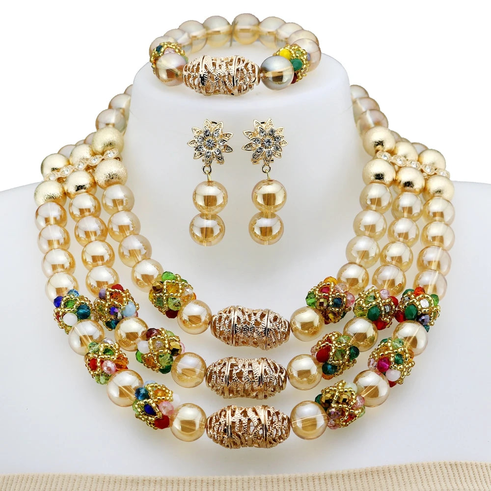 Zhuerrui African-Style Gold-Plated Necklace Set Luxury Red Rose Carved Beaded Jewelry Set Ideal for Parties YLT130
