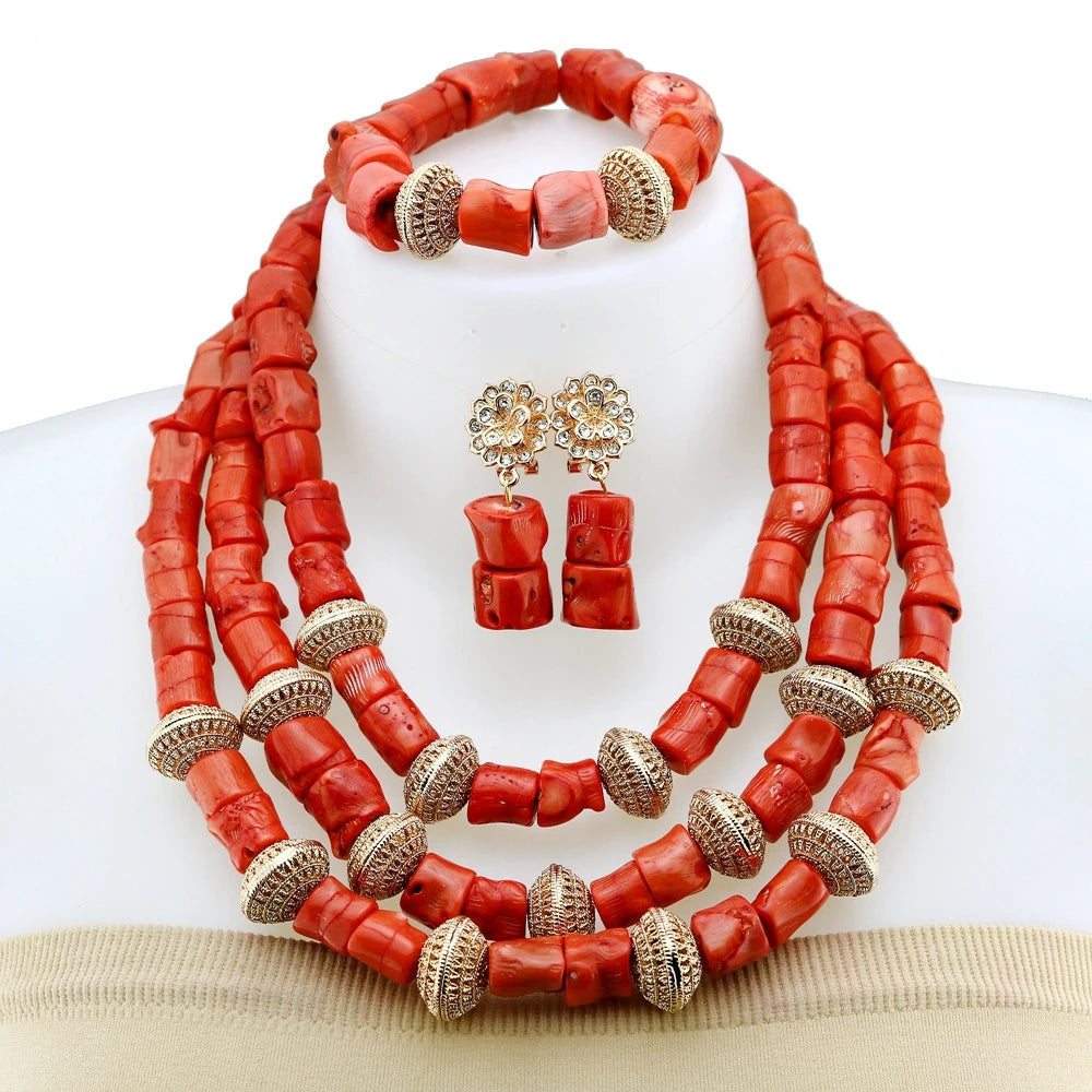 Zhuerrui African Traditional Wedding Jewelry Set Red Coral Beads with Gold Accents Rose Carving for Brides YL3123