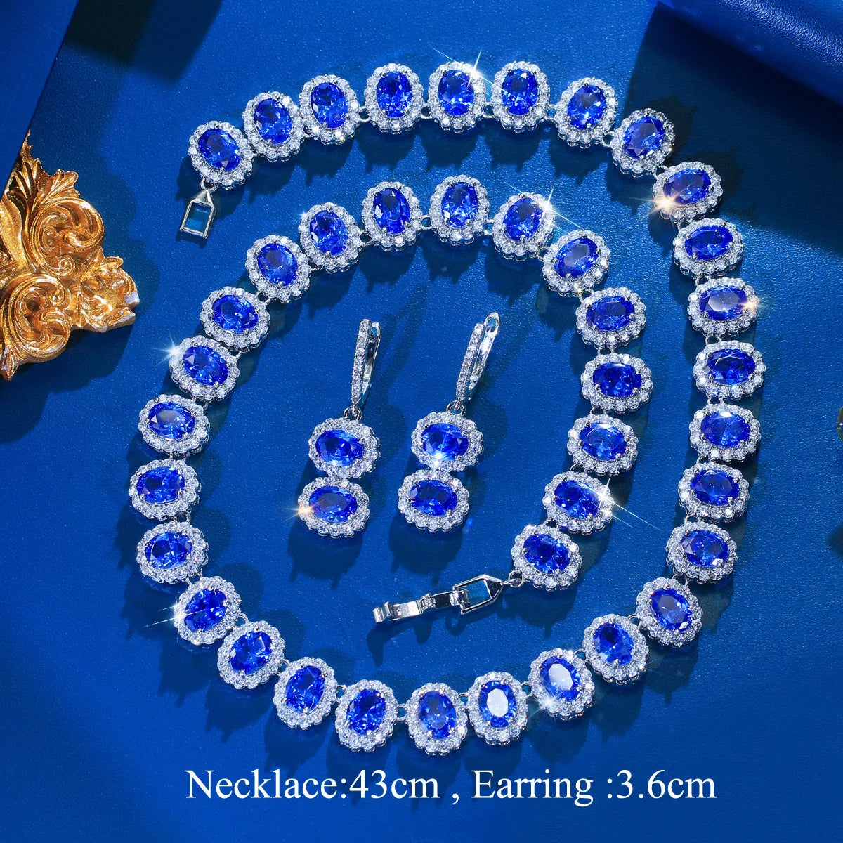 Tanzanite Oval CZ Jewelry Set Necklace Huggie Dangle Earrings Rhodium Plated Cubic Zirconia Bridal Women Wedding Jewelry Set