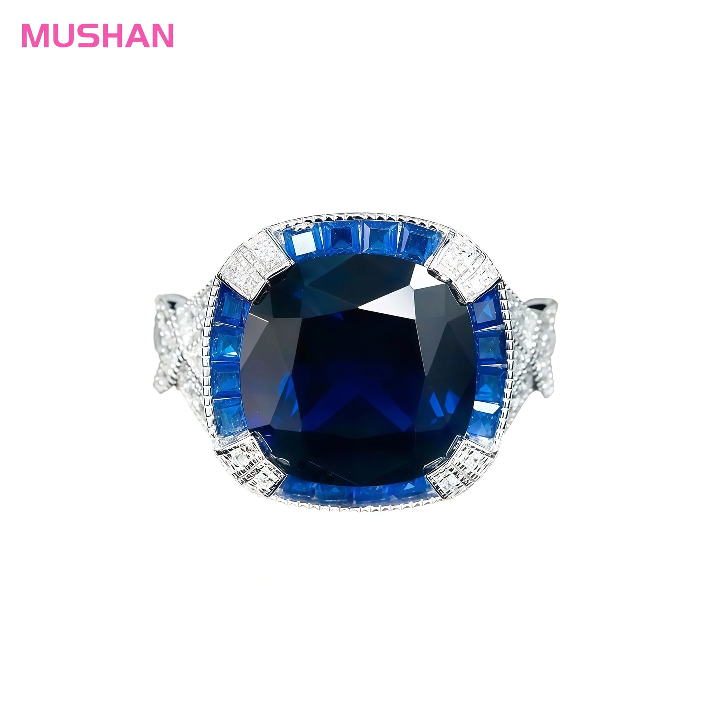 MUSHAN Jewelry Factory's 925 Sterling Silver Women's Party Ring High Carbon Diamond Lab Grown Gemstones Blue Spinel Weddings