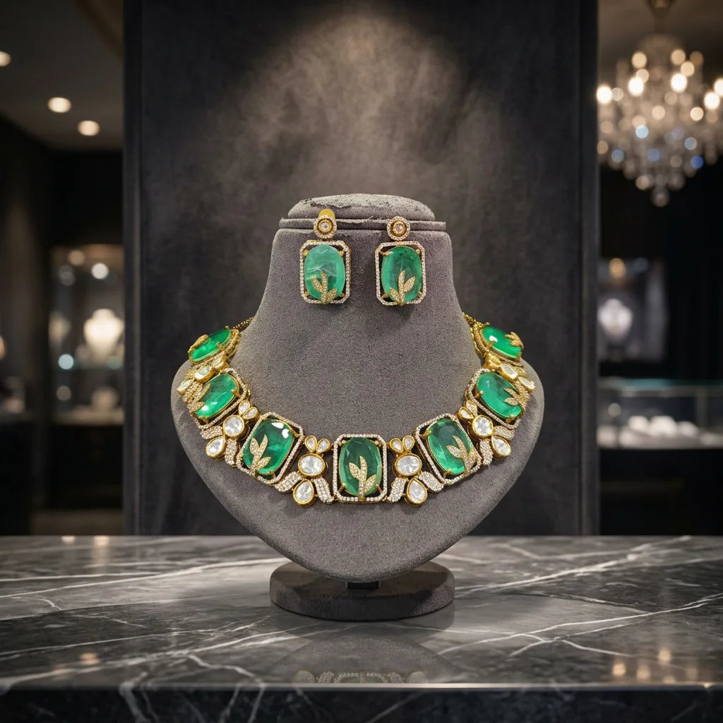 Luxury Emerald Green Leaf Designer Necklace Set with Geometric Stones Floral Motif Party Wedding Jewelry for Women set