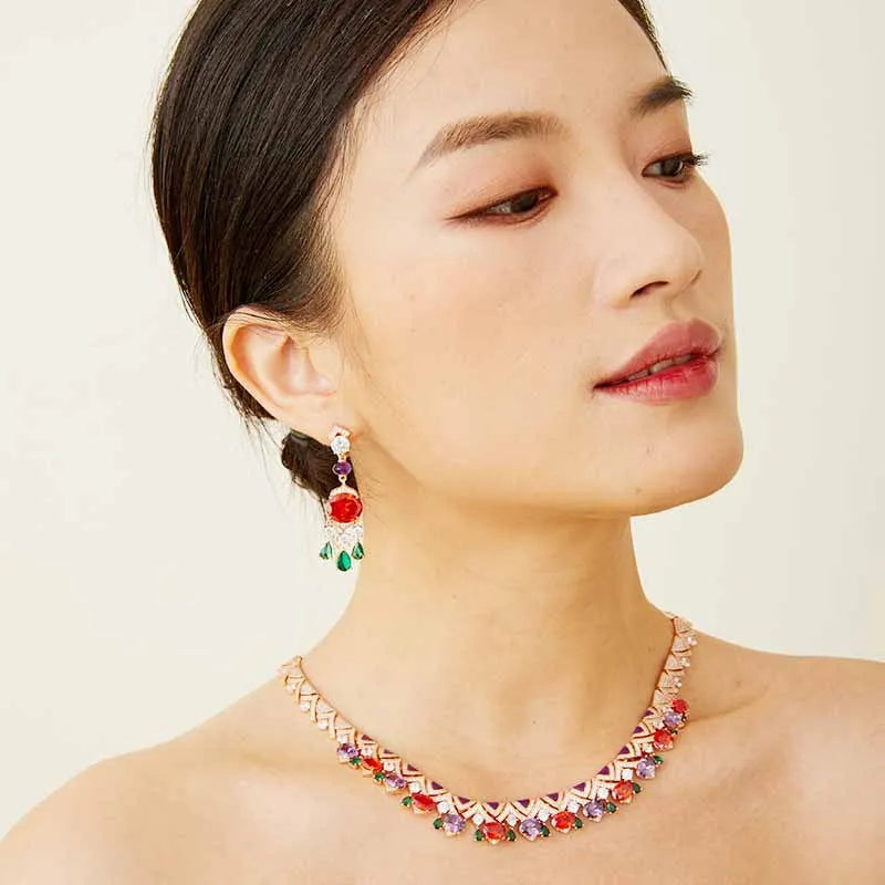 Luxury Oval-Cut Zirconia & Crystal Claw-Set Geometric Vintage 4-Piece Bridal Set — Silver & Rose Gold Plated