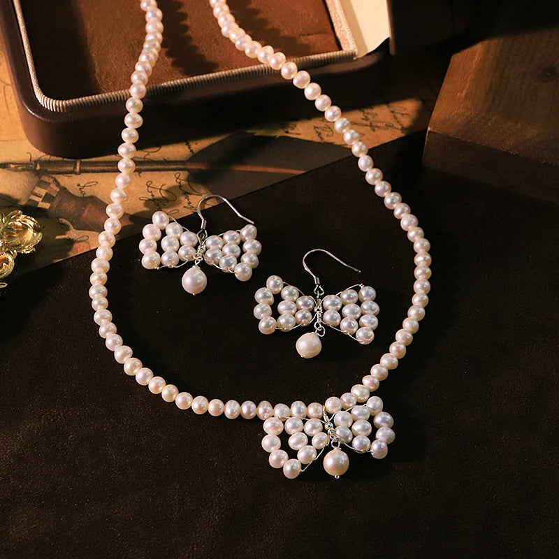 Natural Pearl Bowknot Sterling Silver Necklace Earrings Luxurious High-Quality Set for Banquet Wedding Women's Jewelry GS0228
