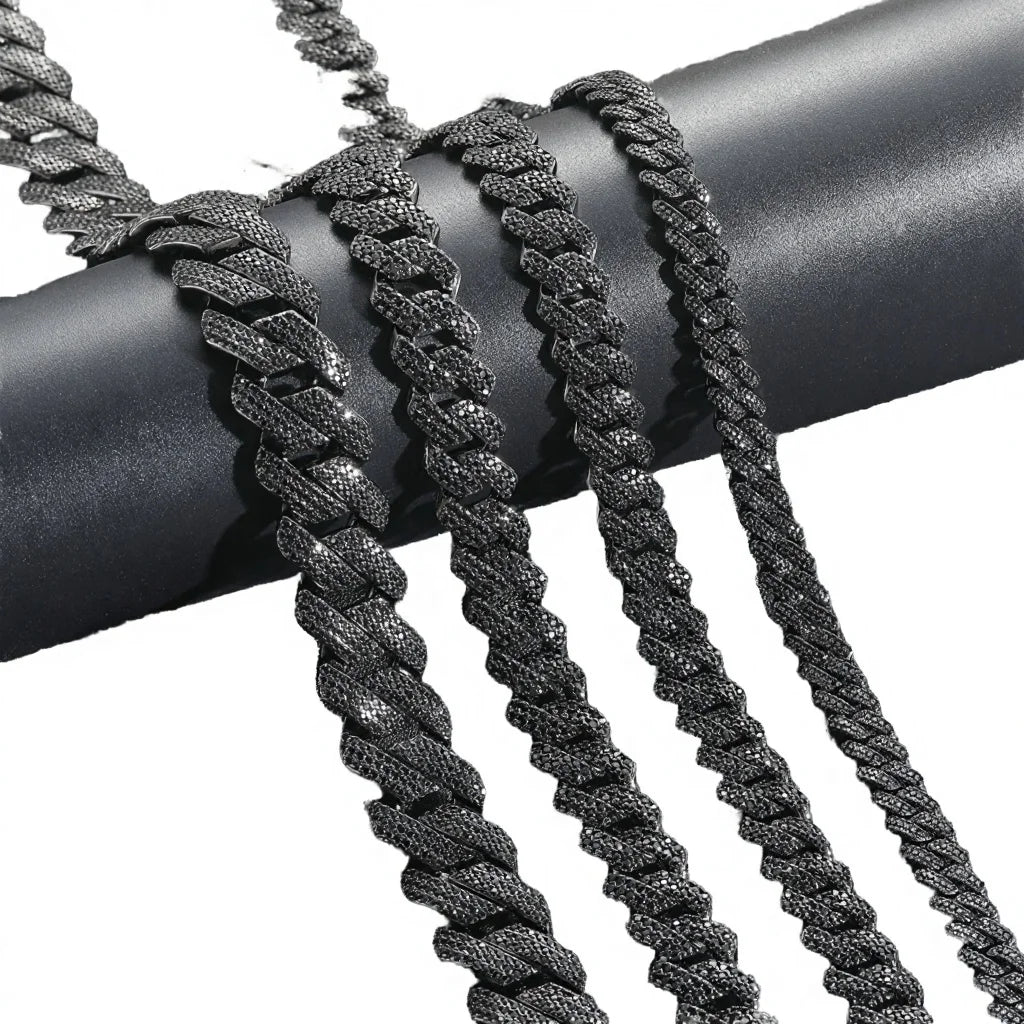 HONEY Hip Hop Jewelry 10/13/15/20mm Black Gun Plated Brass Strip Cuban Necklace Iced Out CZ Prong Cuban Link Chain Men Zircon