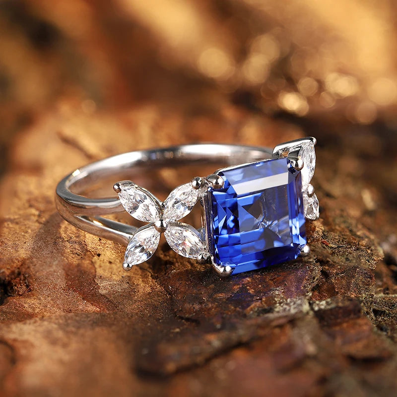 Gemfiori Vintage Engagement Ring 925 Sterling Silver 2 Carat Lab Grown Sapphire Rhodium Plated Prong Setting for Women's Wedding