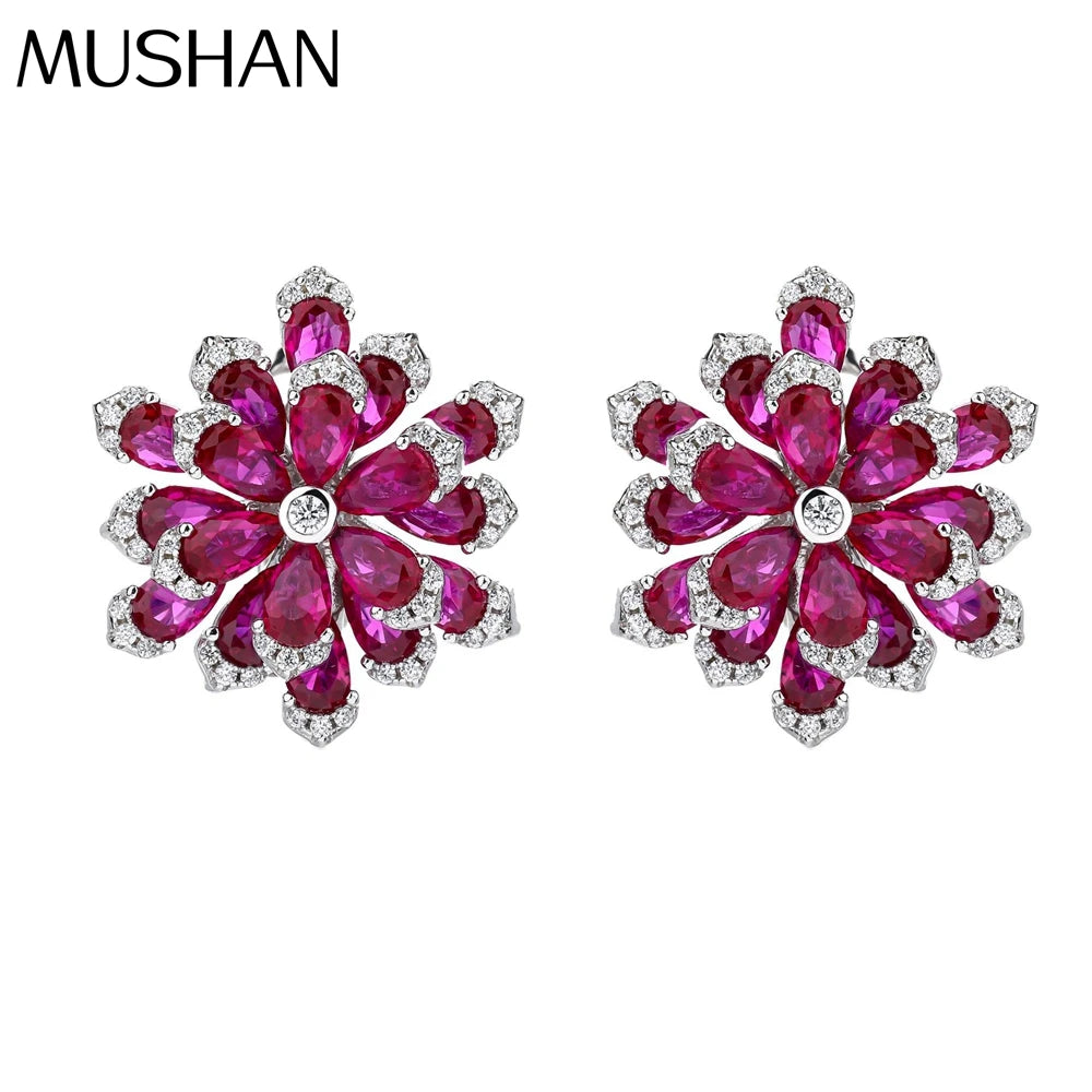 MUSHAN Jewelry Factory Big Red Flower Pure Silver Stud Earrings Light Luxury Electroplated Gold High Carbon Diamond Jewelry