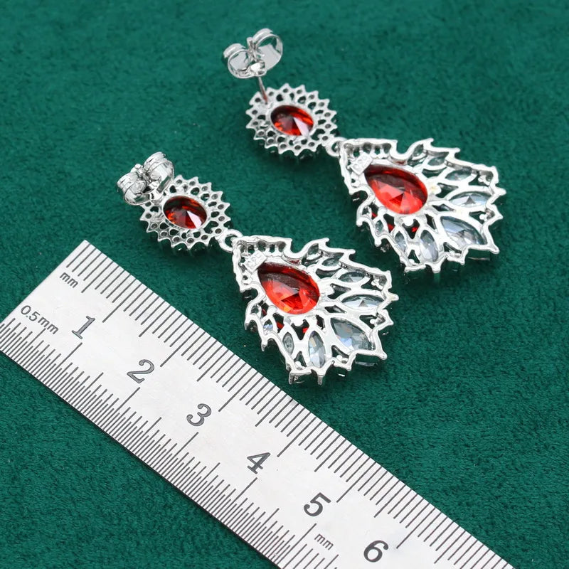 XOTICA Classic Dubai Set for Women Red White Zircon Silver Color Alloy Bracelet Earrings Necklace Pendant Ring for Wedding Parties