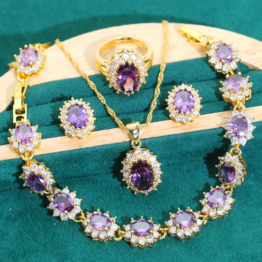 Noble Purple Zircon Jewelry Set for Women Gold Bracelet Earrings Necklace Pendant Ring for Wedding or Date Birthday Gifts