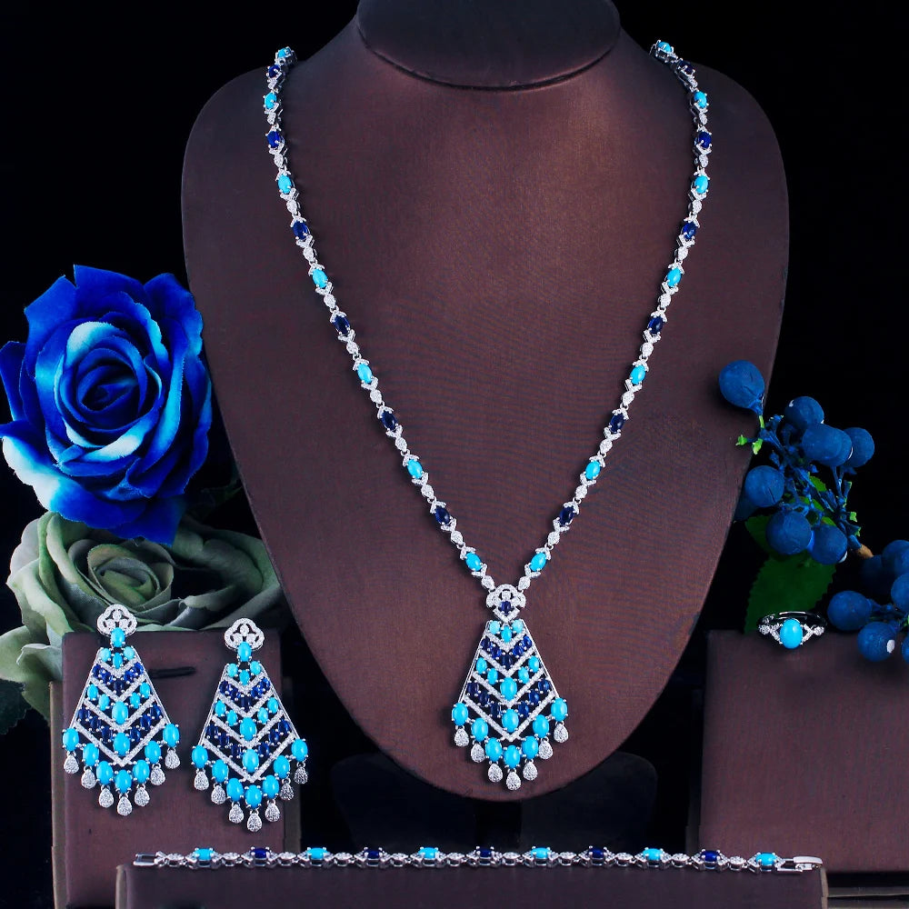 4pcs Middle East Style Zircon Long Blue Turquoise Necklace Earrings Bridal Jewelry Set for Women Wedding Party Dress Accessories