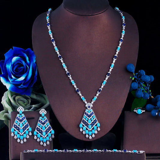 4pcs Middle East Style Zircon Long Blue Turquoise Necklace Earrings Bridal Jewelry Set for Women Wedding Party Dress Accessories