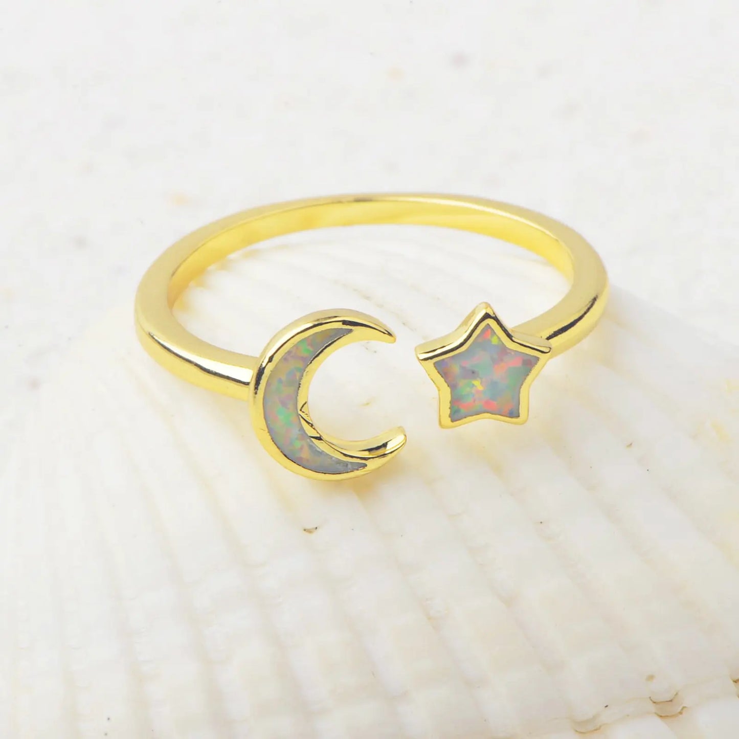 Modern Brass Minimalist Ocean Opal Ring-Hawaiian Star Moon Design Women's Eternity Band for Party Anniversary Bulk Jewelry