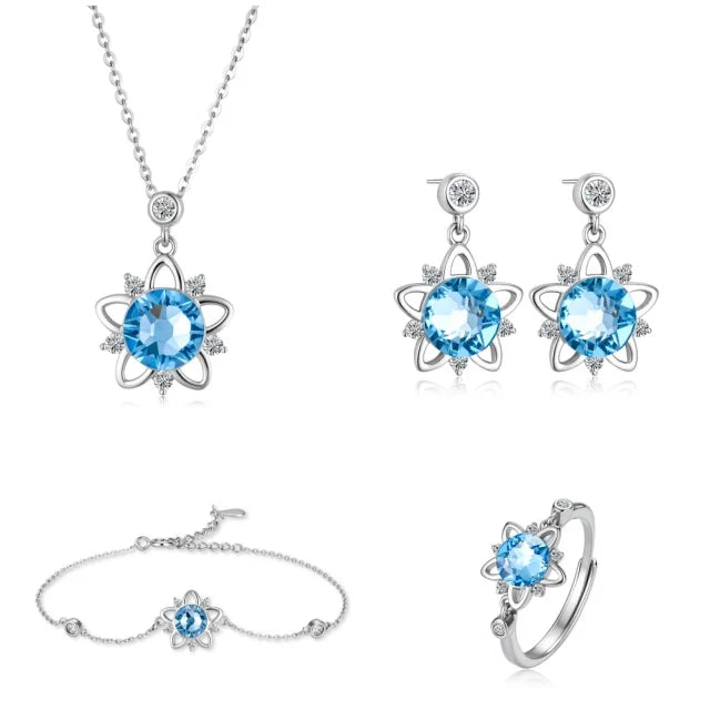 S&S Blue Crystal Star 925 Silver Jewellery Set | Rhodium Plated Necklace, Earrings, Bracelet & Ring | S&S Collection
