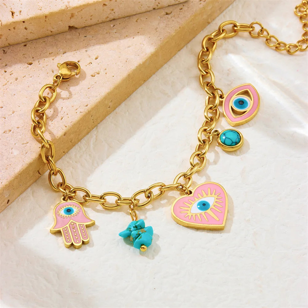 Gold Pink Heart Necklace, Earrings & Bracelet Jewellery Set | Romantic Fashion Set
