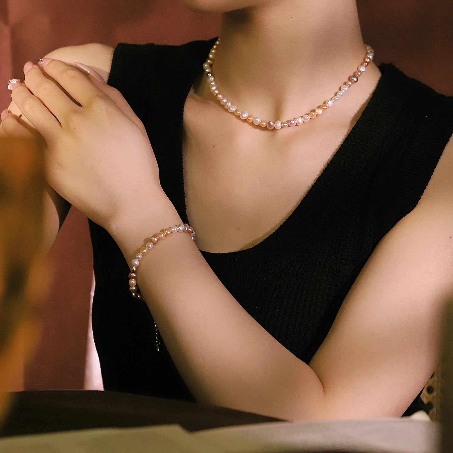 GLSEEVO Multicolour Natural Freshwater Pearl Necklace & Bracelet Set — Blush, Peach & Lavender