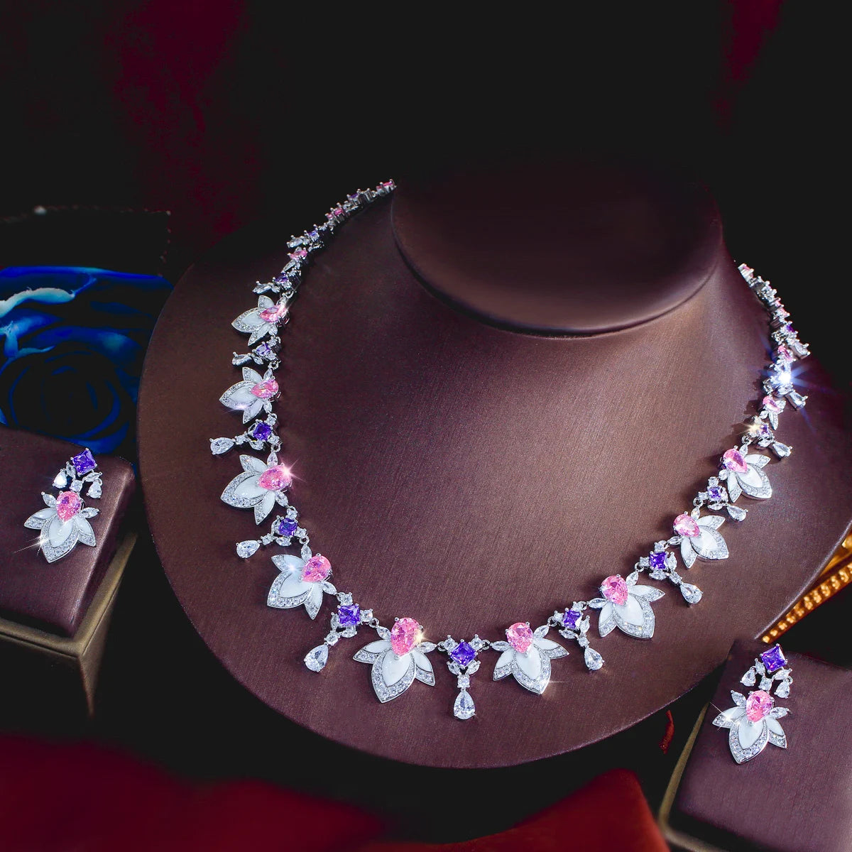 Rhodium Plated Purple Pink Drop Necklace Earrings CZ Long Leaf Enamel Necklace Earrings for Women Fiancee Engagement Jewelry Set