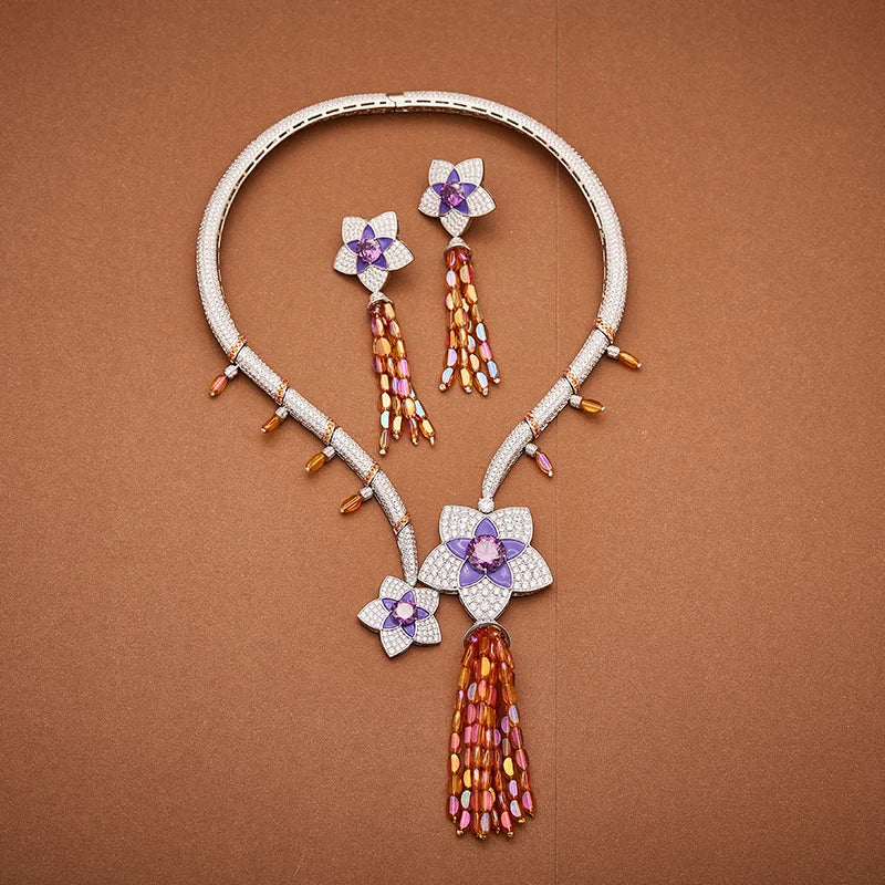 Four Flower Tassel Necklace Earring Set Brass Enamel Craftsmanship Retro Luxury Women's Evening Dress Jewelry