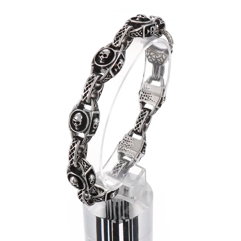 KALEN 225mm Men Punk Stainless Steel Skull Charms Oval Links Bracelet