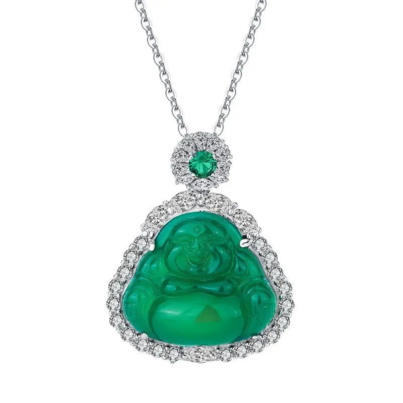 REDheart Inlaid Green Chaltony Buddha Necklace Brass Inlaid Zircon Temperament Pendant Women's Gold Plated Wedding Party