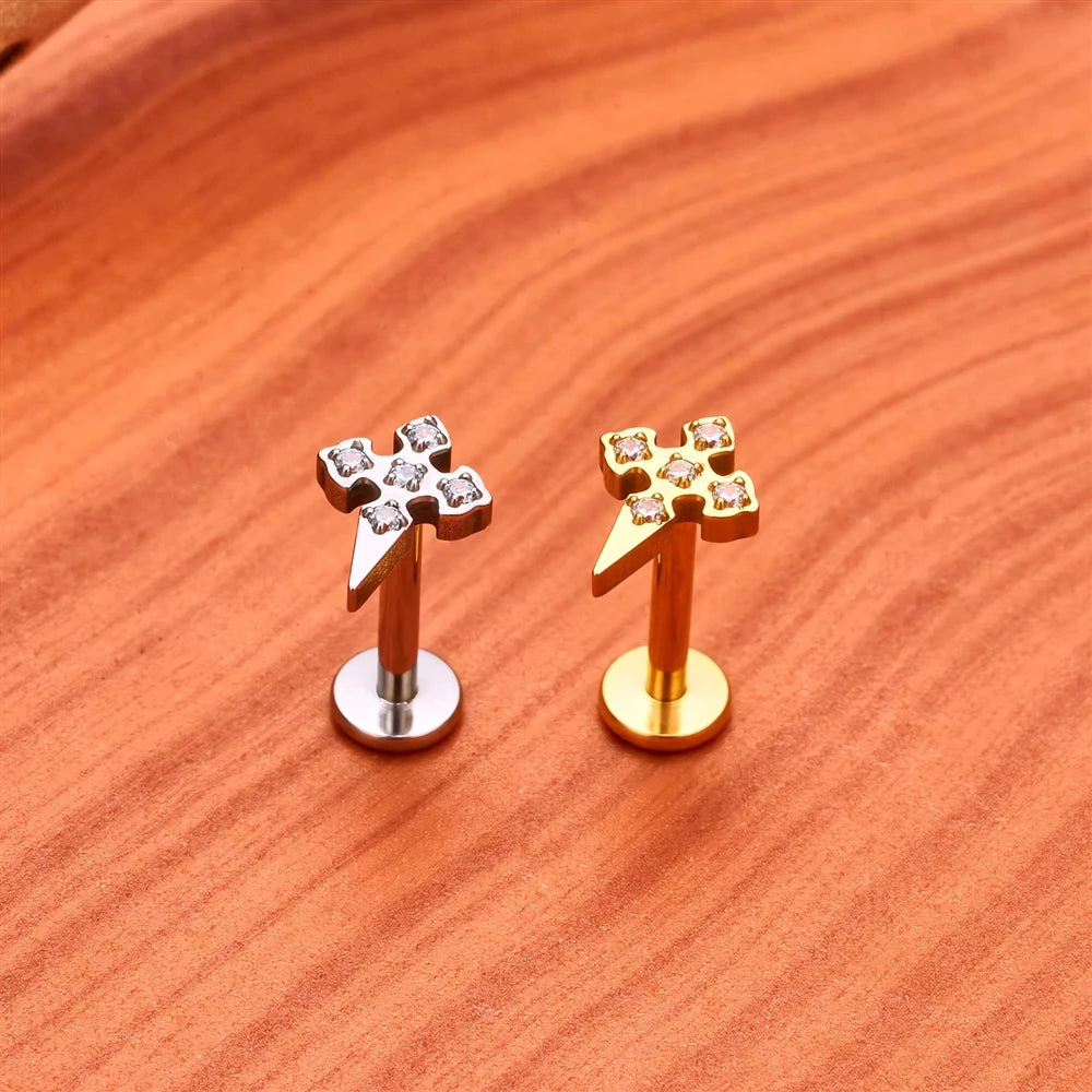 ASTM F136 Titanium 16G Internal Thread Zircon Inlay Labret Flat Back Lobe Helix Tragus Moon Cross Earrings Piercing Jewelry