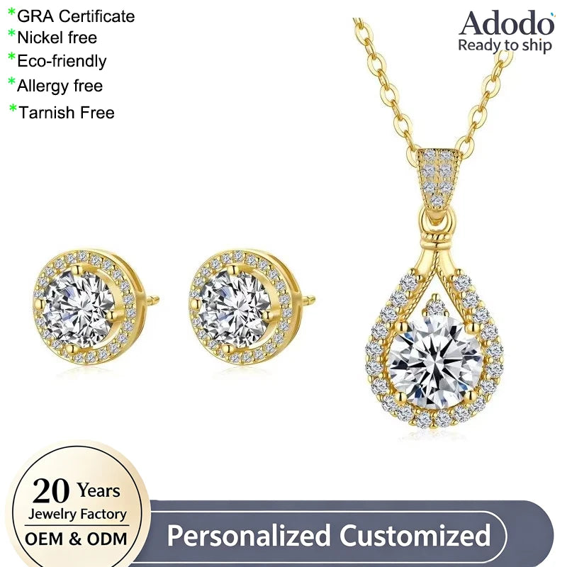 ArtistA High Quality S925 Sterling Silver 18k Gold Plated Round Jewelry Set Vintage VVS1 GRA Moissanite Pendant Necklace Earrings Set