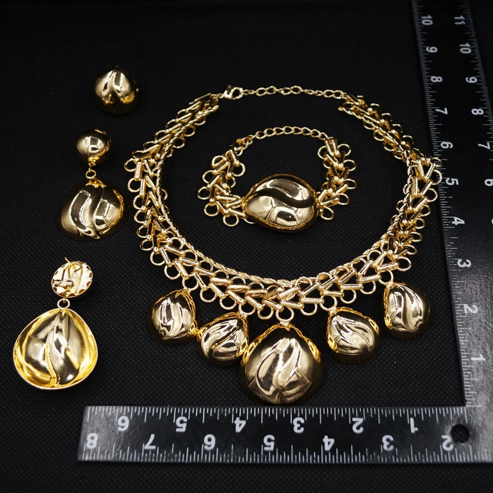 Luxury Brazilian Gold Jewelry Set Necklace Bracelet Earrings Ring Four-Piece Sets Leaves Water Droplets Wedding Jewellery Set