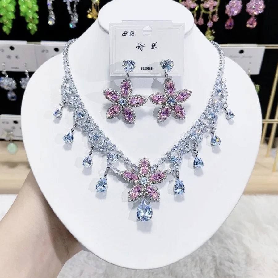K076 High End Women Trendy Luxurious Pink Flower Zircon Bridal Necklace Earrings Set Wedding Elegant Jewelry Set