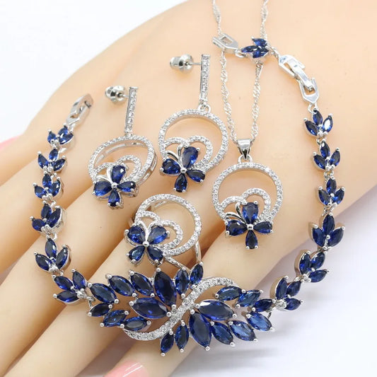 New Dark Blue Zircon Platinum Silver Plated Trendy Jewelry Sets Women Wedding Party Gift Earrings Bracelet Rings Necklace