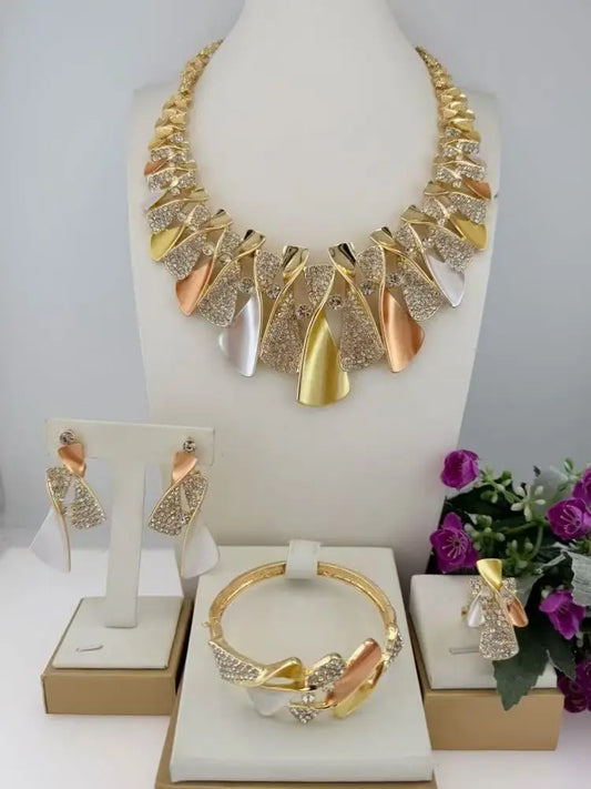 Italian Gold-Plated Jewelry Set Necklace Bracelet Earrings Ring Four-Piece Sets Inlaid with Crystals Wedding Jewellery Set