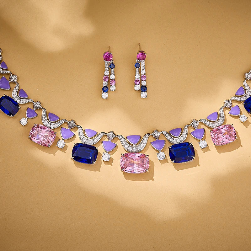 Brass pink Blue Necklace Earrings Two-piece Set Heavy Craftsmanship Texture Inlaid Zircon Low-temperature Enamel Women's Jewelry
