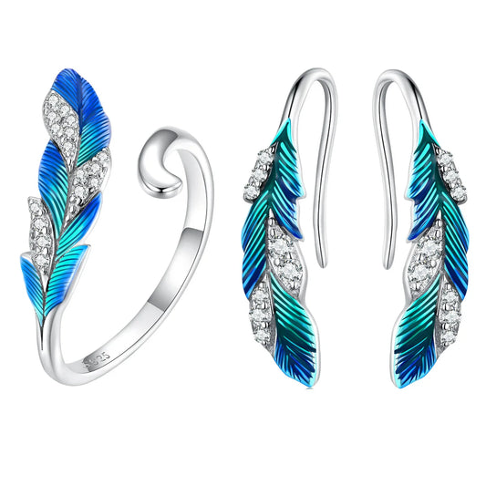 S&S Blue Zircon Feather Earrings & Ring Set | 925 Silver | Ethnic Boho Style | Adjustable | S&S Collection