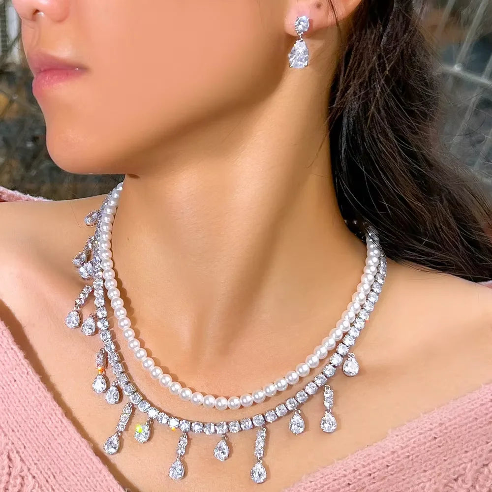 Gorgeous Tassel Necklace and Earrings Cubic Zirconia Imitation Pearl Wedding Bridal Luxury Jewelry Set for Women