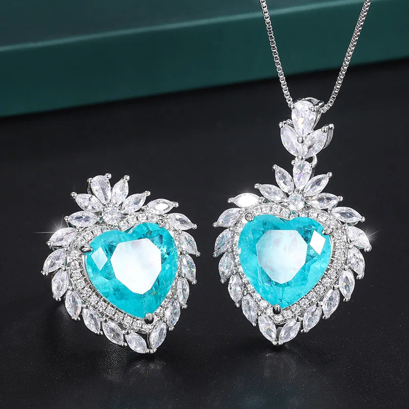 Gemfiori Fancy Radiant Cut Romantic Heart Ring Luxury 15*15MM Crystal Heart Design Pendant Necklace Women Wedding Party Jewelry Sets Gift