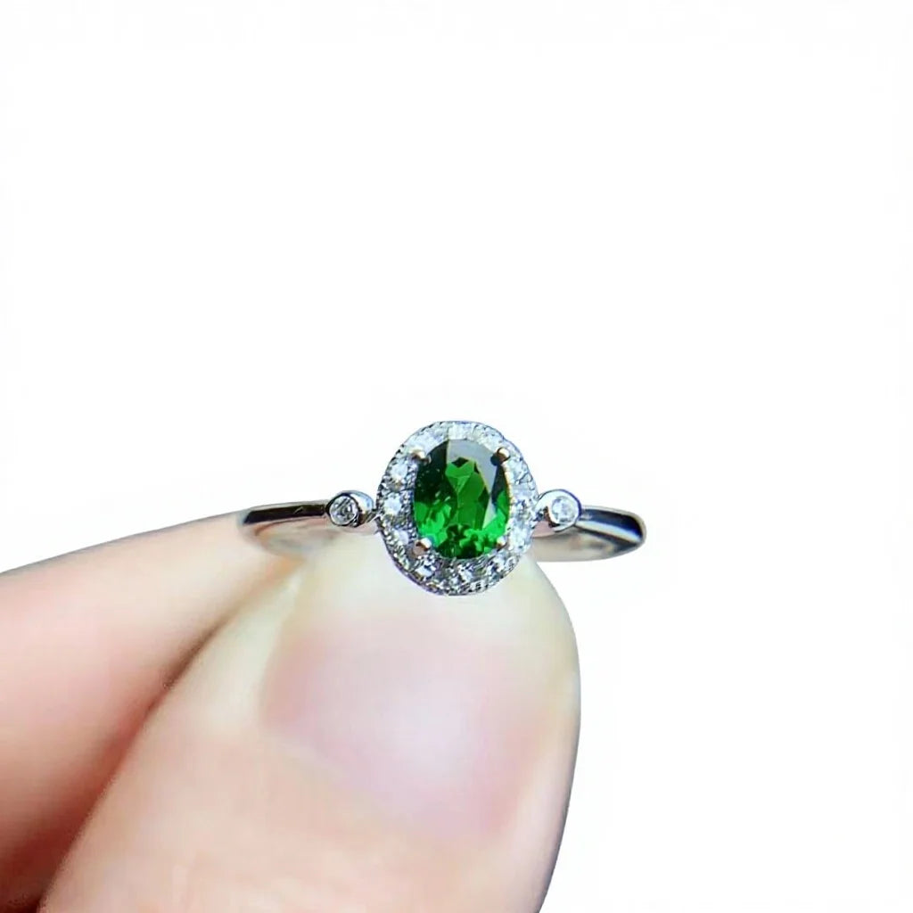 Jewelry 925 Sterling Silver Natural Diopside Ring Bracelet Necklace Set Engagement Gift 18K Gold-plated Women's Jewelry